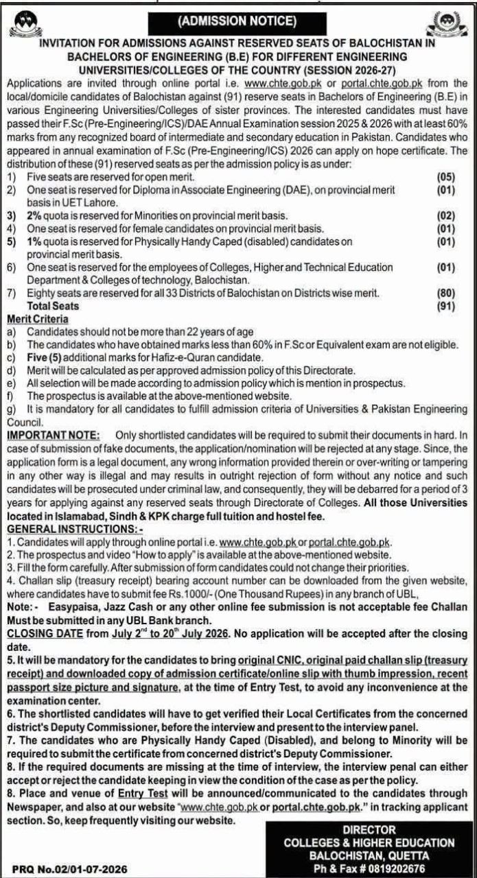 Invitation for Admissions Against Reserved Seats of Balochistan in Bachelors of Engineering (B.E) for Different Engineering Universities/Colleges of the Country (Session 2026-27) – Directorate of Colleges & Higher Education, Balochistan, Quetta Admissions 2026 — original newspaper advertisement