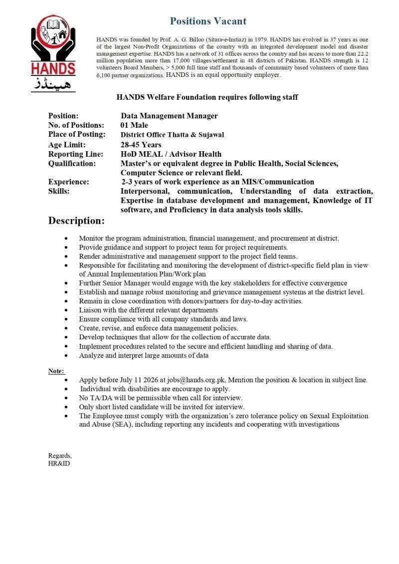 Positions Vacant - Data Management Manager – HANDS Welfare Foundation Jobs 2026 — original newspaper advertisement