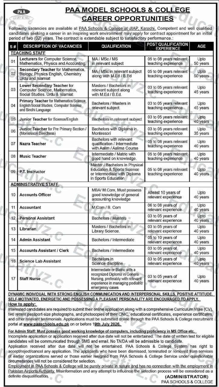 PAA Model Schools & College Career Opportunities – PAA Schools & College (Pakistan Airports Authority) Jobs 2026 — original newspaper advertisement