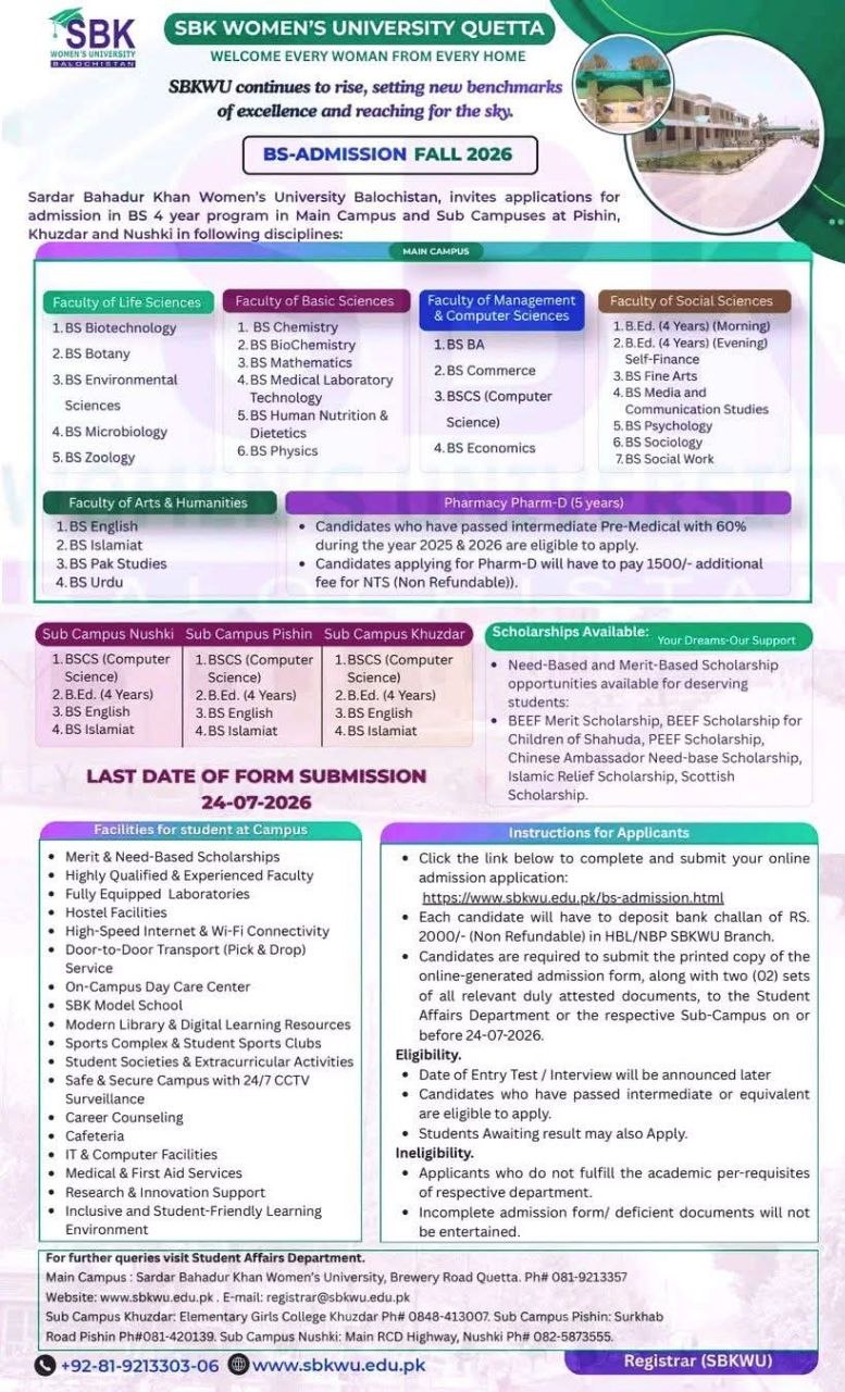 BS-Admission Fall 2026 – Sardar Bahadur Khan Women's University Balochistan (SBK Women's University Quetta) Admissions 2026 — original newspaper advertisement