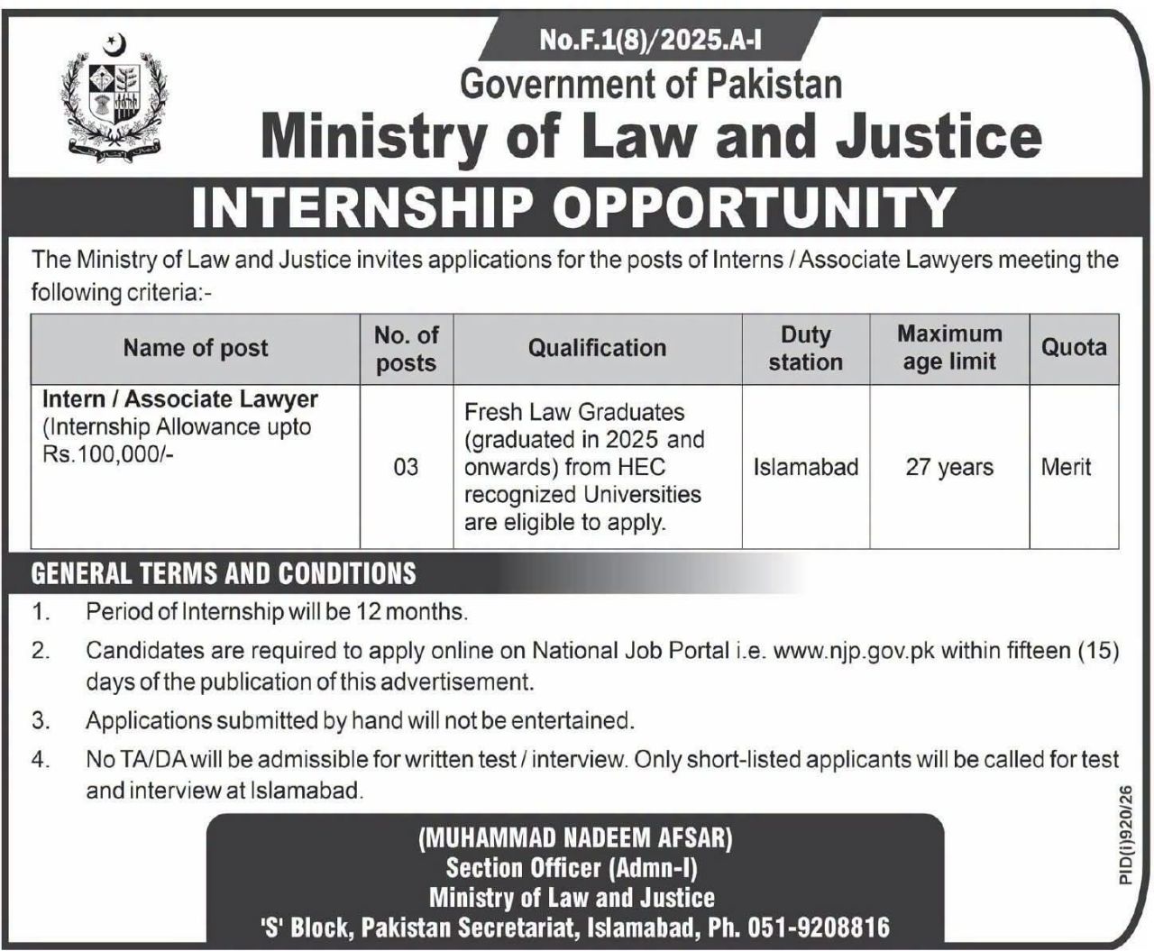 Internship Opportunity - Intern / Associate Lawyer – Ministry of Law and Justice Jobs 2026 — original newspaper advertisement