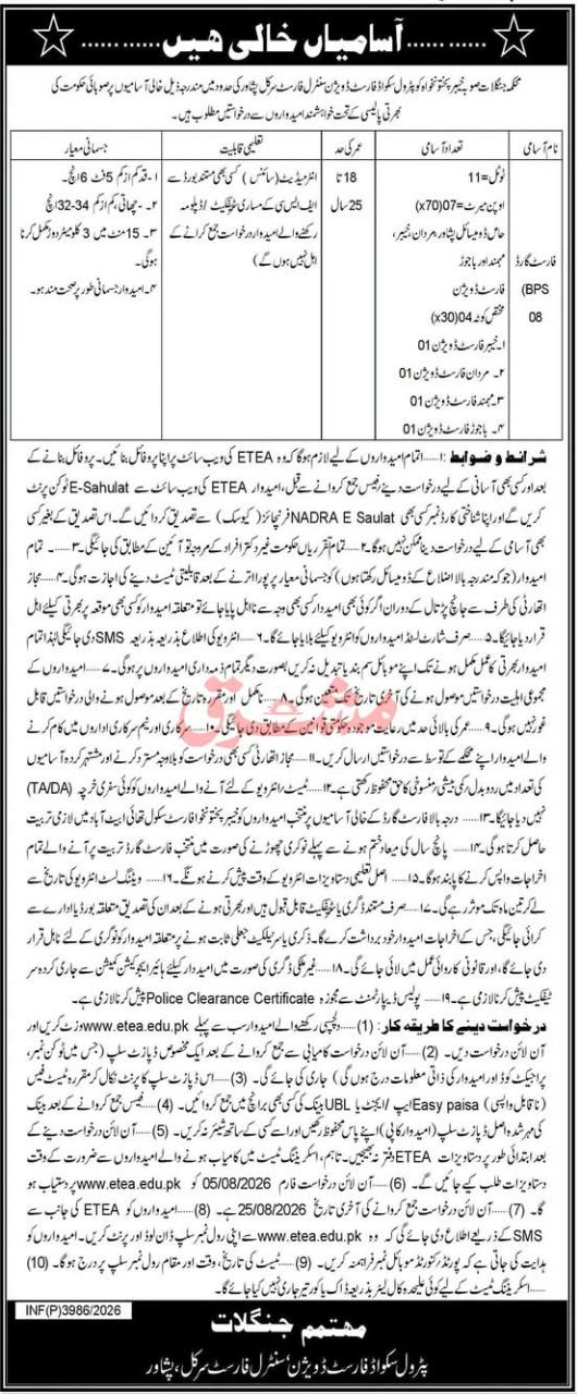 Vacancies Available – Department of Forests, Khyber Pakhtunkhwa, Patrol Squad Division, Central Forest Circle, Peshawar (Conservator of Forests Division) Jobs 2026 — original newspaper advertisement