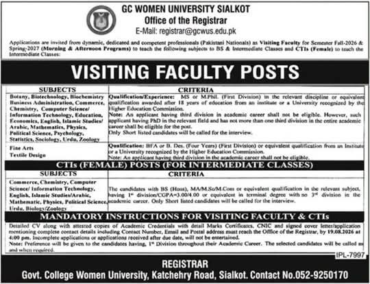 Visiting Faculty Posts – GC Women University Sialkot, Office of the Registrar Jobs 2026 — original newspaper advertisement