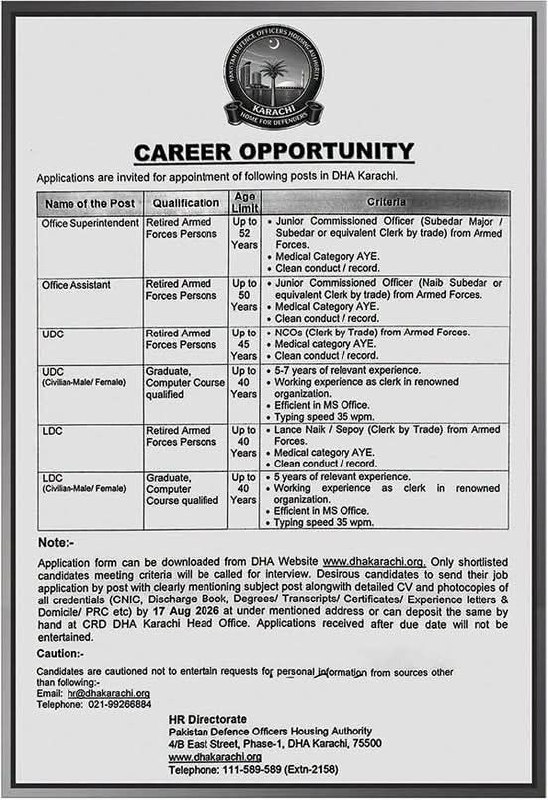 Career Opportunity - DHA Karachi – Pakistan Defence Officers Housing Authority (DHA Karachi) - HR Directorate Jobs 2026 — original newspaper advertisement