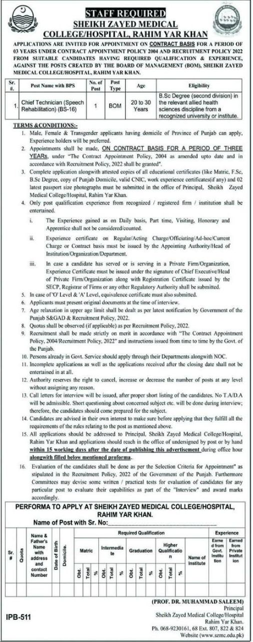 Staff Required - Sheikh Zayed Medical College/Hospital, Rahim Yar Khan Jobs 2026 — original newspaper advertisement