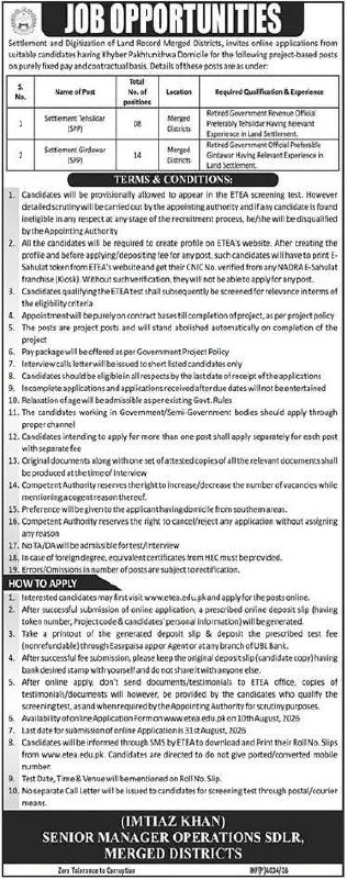 Job Opportunities - Settlement and Digitization of Land Record Merged Districts – Settlement and Digitization of Land Record Merged Districts, Khyber Pakhtunkhwa Domicile (SDLR) Jobs 2026 — original newspaper advertisement