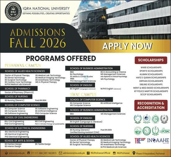Admissions Fall 2026 - Apply Now – Iqra National University Admissions 2026 — original newspaper advertisement