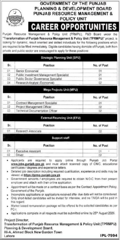 Government of the Punjab, Planning & Development Board, Punjab Resource Management & Policy Unit (PRMPU) Jobs 2026 – 06-A, Ahmad Block New Garden Town, Lahore — original newspaper advertisement