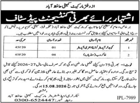Advertisement for Recruitment of Contingent Paid Staff – Bar Market Committee, Hafizabad Jobs 2026 — original newspaper advertisement