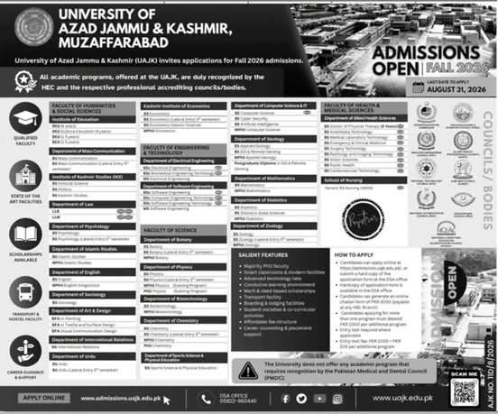 Admissions Open - Fall 2026 – University of Azad Jammu & Kashmir (UAJK), Muzaffarabad Admissions 2026 — original newspaper advertisement