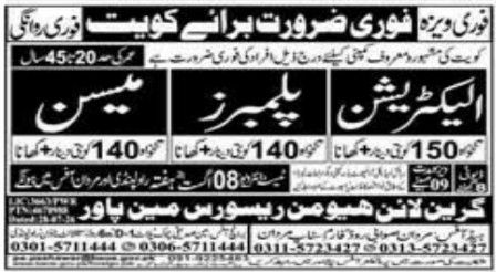 Urgent Requirement for Kuwait – Green Line Human Resources Main Power Jobs 2026 — original newspaper advertisement
