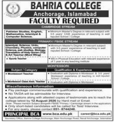 Bahria College Anchorage Islamabad Faculty Required – Bahria College Anchorage, Islamabad Jobs 2026 — original newspaper advertisement