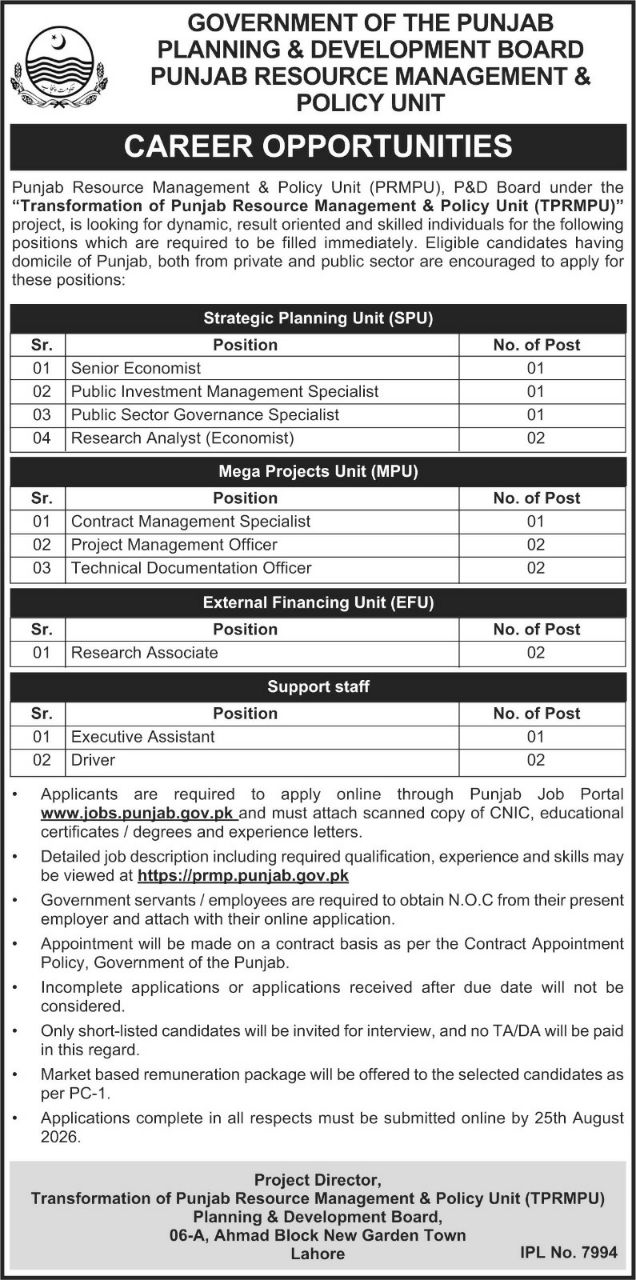 Government of the Punjab, Planning & Development Board, Punjab Resource Management & Policy Unit (PRMPU) Jobs 2026 – 06-A, Ahmad Block New Garden Town, Lahore — original newspaper advertisement