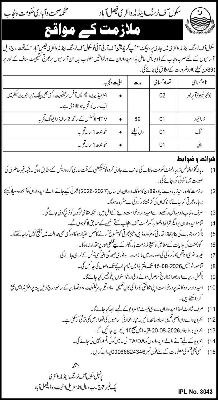 Employment Opportunities – School of Nursing and Midwifery Faisalabad, Department of Health and Population Welfare, Government of Punjab Jobs 2026 — original newspaper advertisement