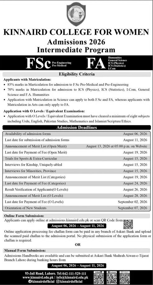 AdmissionsKinnaird College for Women 2026 - Intermediate Program Admissions 2026 — original newspaper advertisement