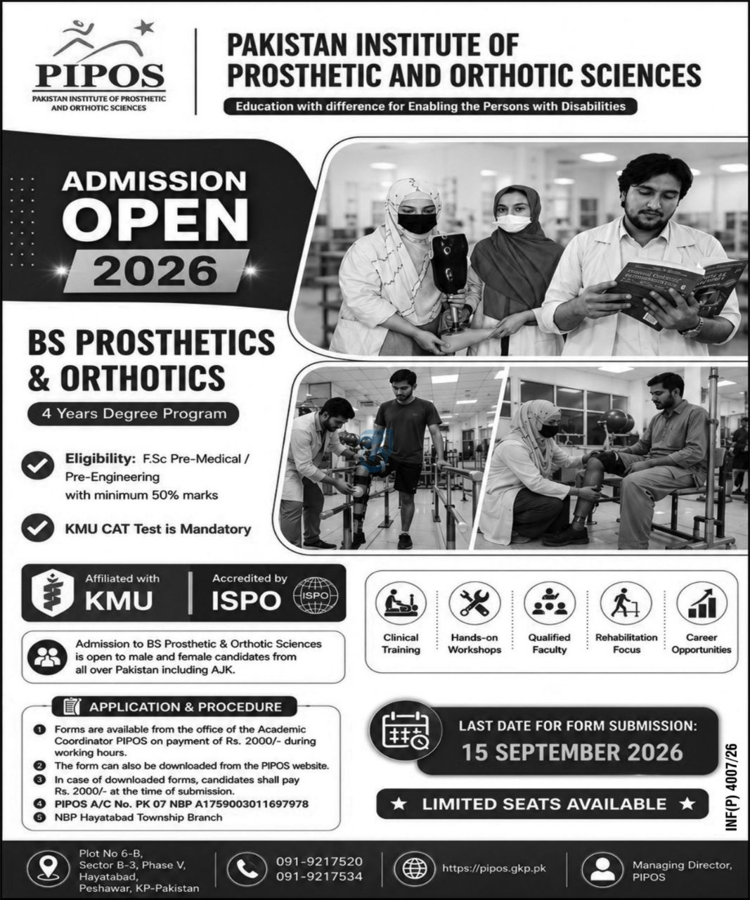 Admission Open Pakistan Institute of Prosthetic and Orthotic Sciences (PIPOS) 2026 – BS Prosthetics & Orthotics (4 Years Degree Program) Admissions 2026 — original newspaper advertisement