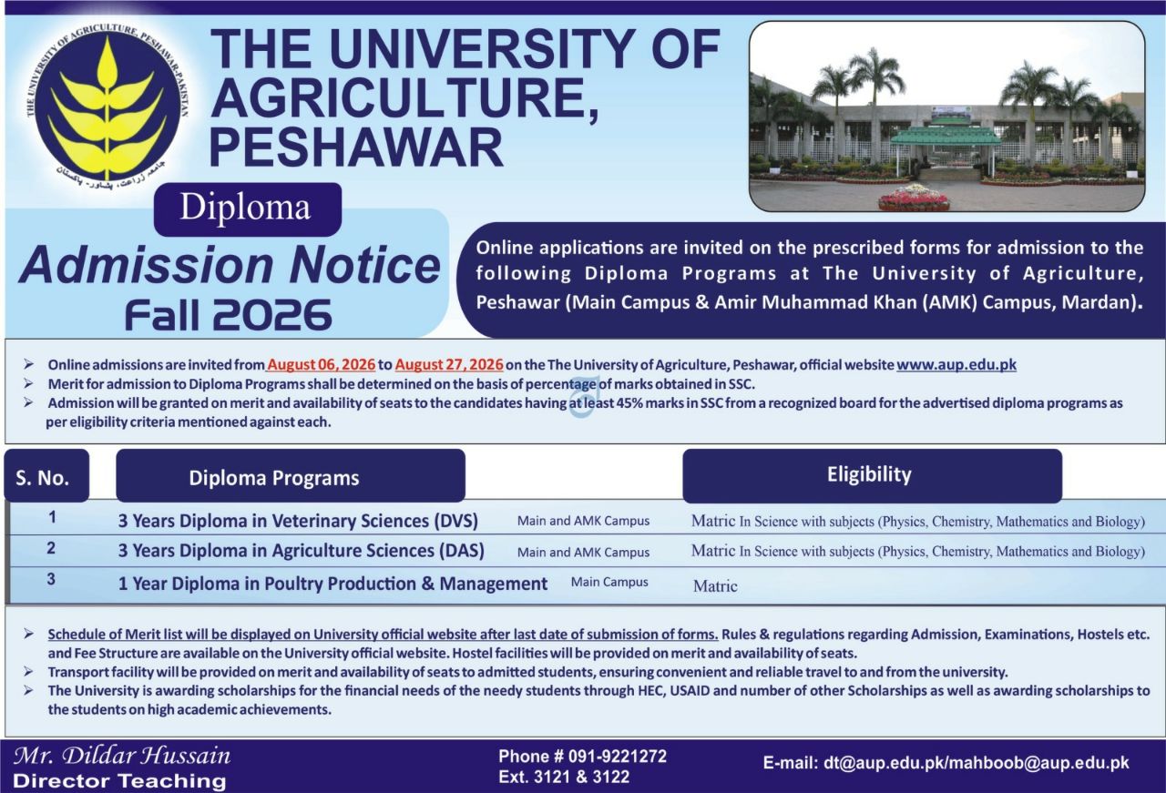 Diploma Admission Notice he University of Agriculture, Peshawar Fall 2026 – The University of Agriculture, Peshawar Admissions 2026 — original newspaper advertisement