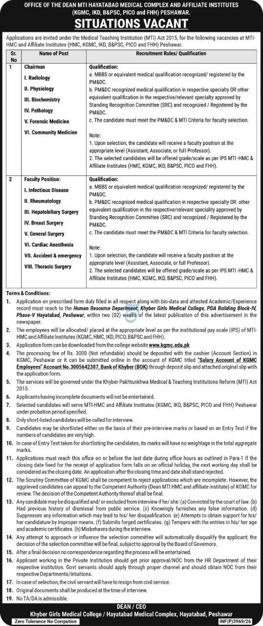 MTI Hayatabad Medical Complex and Affiliate Institutes Jobs 2026 – Office of the Dean MTI Hayatabad Medical Complex and Affiliate Institutes (KGMC, IKD, B&PSC, PICO and FHH), Peshawar Jobs 2026 — original newspaper advertisement