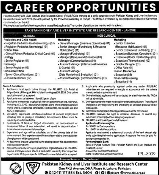 Pakistan Kidney and Liver Institute and Research Center (PKLI&RC) Jobs 2026 Jobs 2026 — original newspaper advertisement