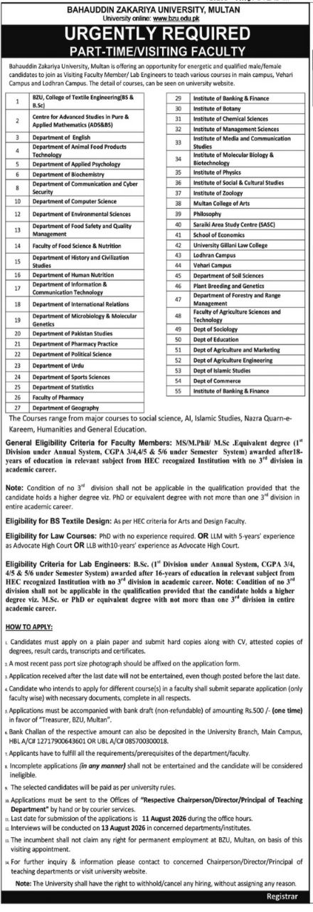 Bahauddin Zakariya University, Multan Punjab Jobs 2026 Jobs 2026 — original newspaper advertisement
