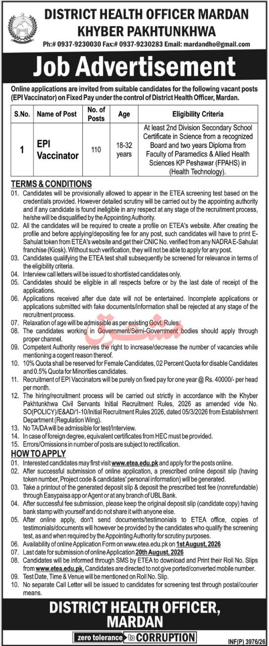 District Health Officer Mardan, Khyber Pakhtunkhwa Jobs 2026 Jobs 2026 — original newspaper advertisement