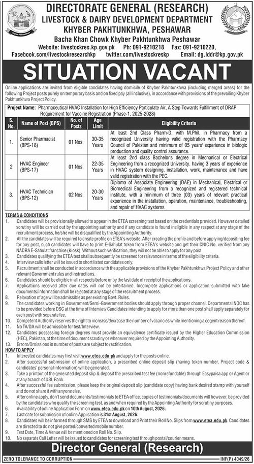 Livestock & Dairy Development Department, Khyber Pakhtunkhwa, Peshawar Jobs 2026 – Directorate General (Research), Livestock & Dairy Development Department, Khyber Pakhtunkhwa, Peshawar Jobs 2026 — original newspaper advertisement