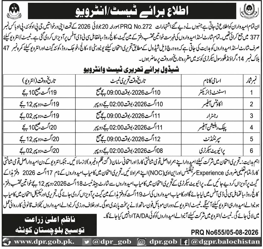 Notice for Test/Interview Director General Agriculture Extension, Balochistan, Quetta Jobs 2026 — original newspaper advertisement