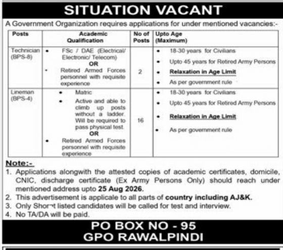 Government Organization Rawalpindi Jobs 2026 – A Government Organization Jobs 2026 — original newspaper advertisement