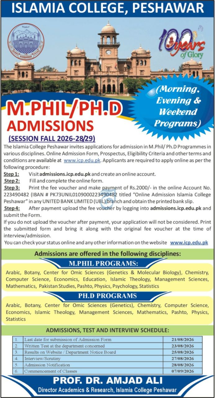 M.Phil / Ph.D Admissions Islamia College, Peshawar (Session Fall 2026-28/29) Admissions 2026 — original newspaper advertisement