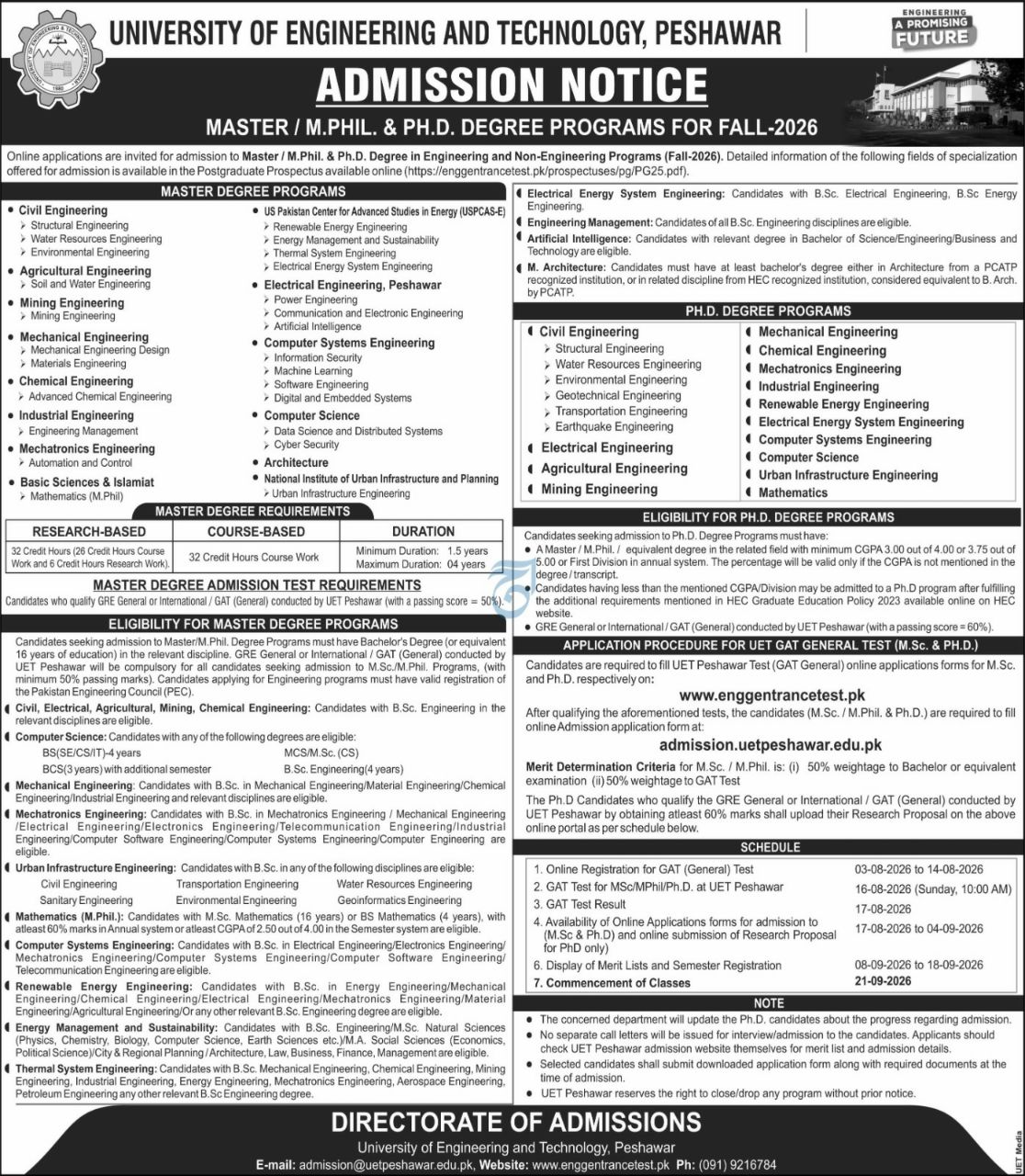 Admission University of Engineering and Technology, Peshawar Fall-2026 Admissions 2026 — original newspaper advertisement