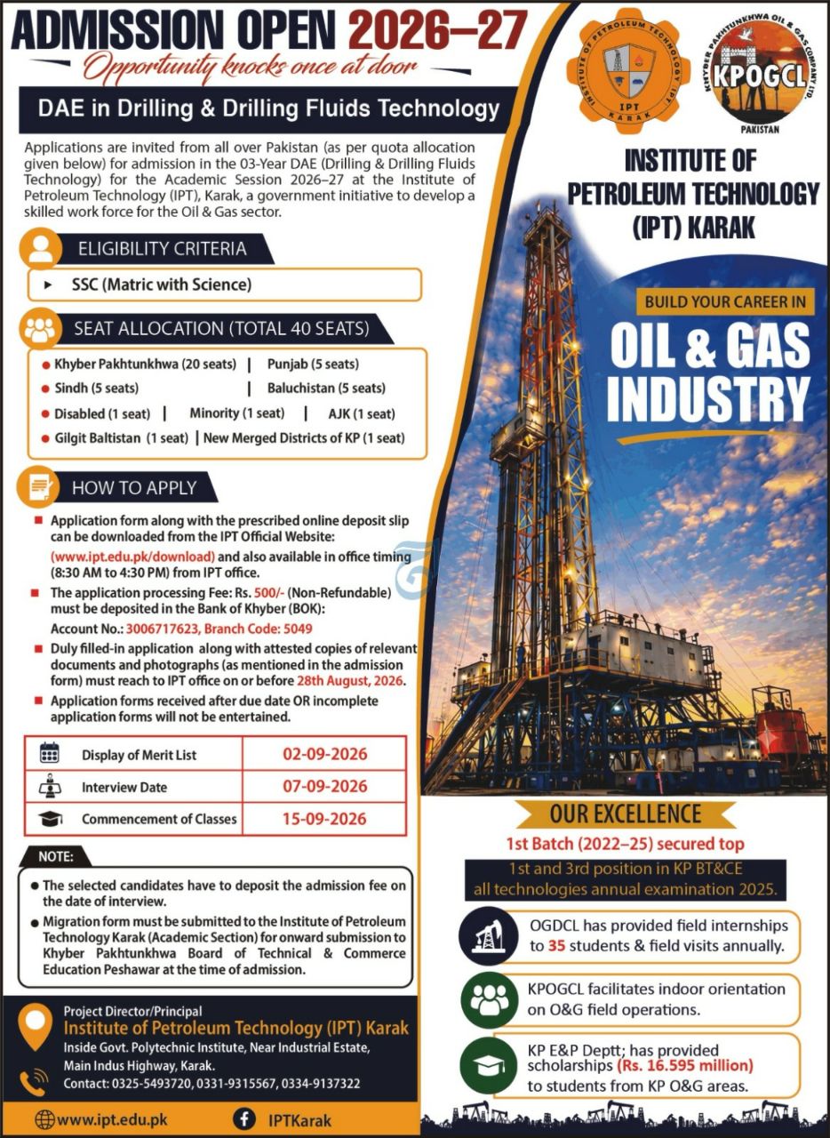 Admission Open Institute of Petroleum Technology (IPT) Karak 2026-27 Admissions 2026 — original newspaper advertisement