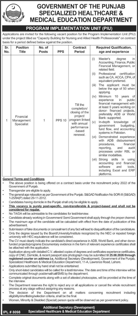 Specialized Healthcare & Medical Education Department Jobs 2026 – Government of the Punjab, Specialized Healthcare & Medical Education Department Jobs 2026 — original newspaper advertisement