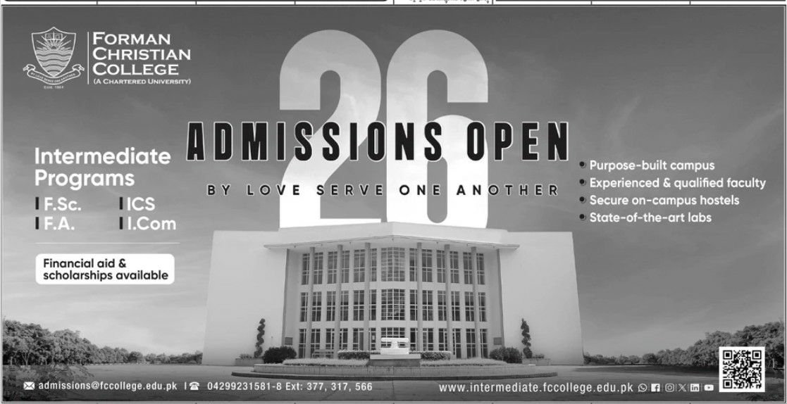 Admissions Open Forman Christian College (A Chartered University) Admissions 2026 — original newspaper advertisement