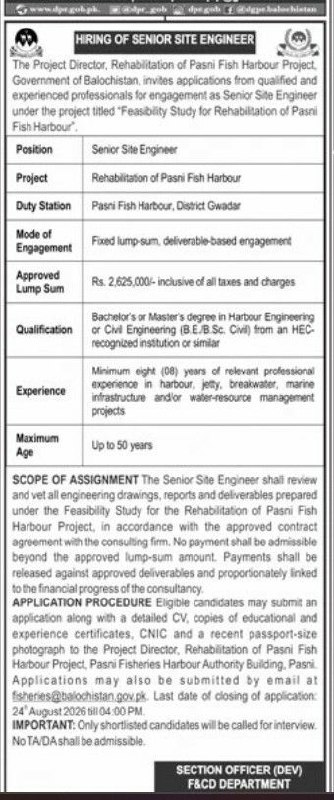 Project Director, Rehabilitation of Pasni Fish Harbour Project, Government of Balochistan / F&CD Department Jobs 2026 Jobs 2026 — original newspaper advertisement
