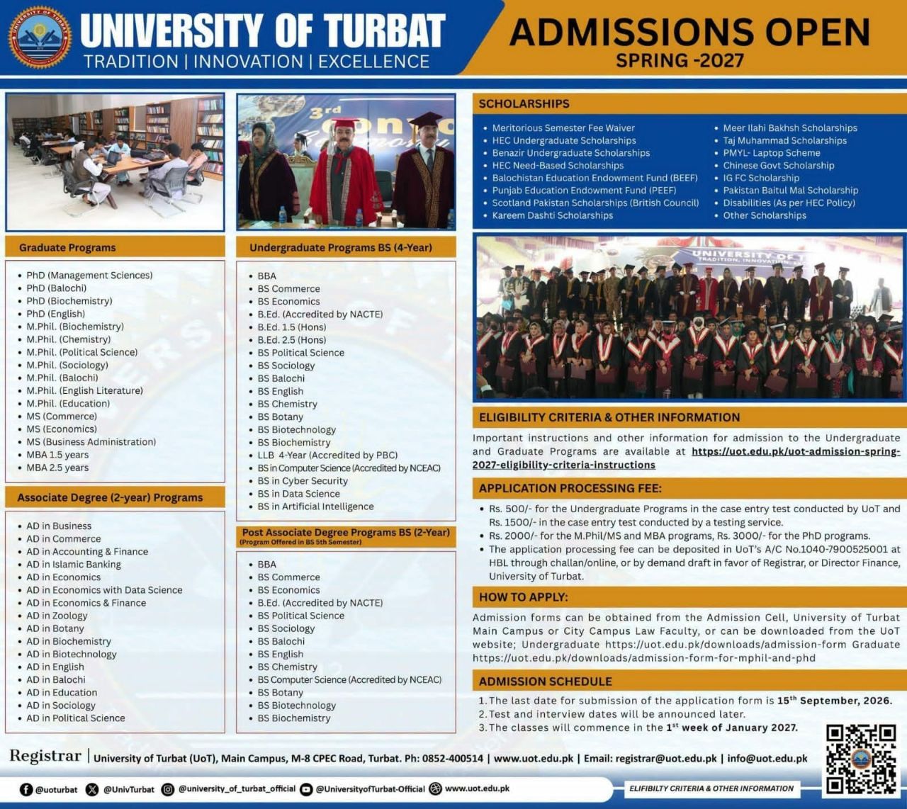 Admissions Open in University of Turbat (UoT) Spring 2027 Admissions 2026 — original newspaper advertisement
