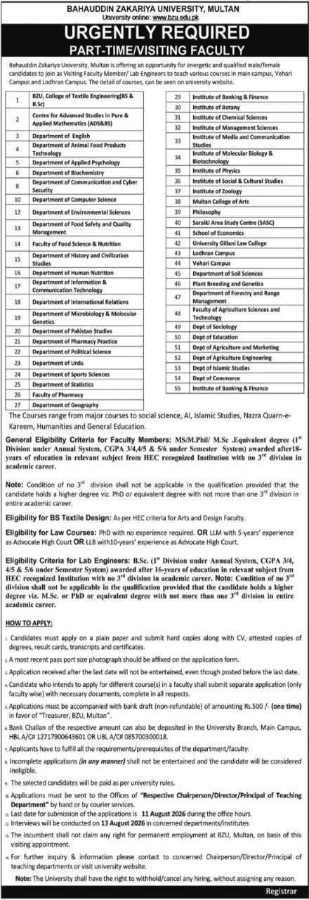 Bahauddin Zakariya University, Multan Jobs 2026 Jobs 2026 — original newspaper advertisement