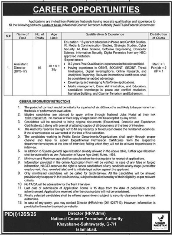 National Counter Terrorism Authority (NACTA) Jobs 2026 – National Counter Terrorism Authority (NACTA), Federal Government of Pakistan Jobs 2026 — original newspaper advertisement