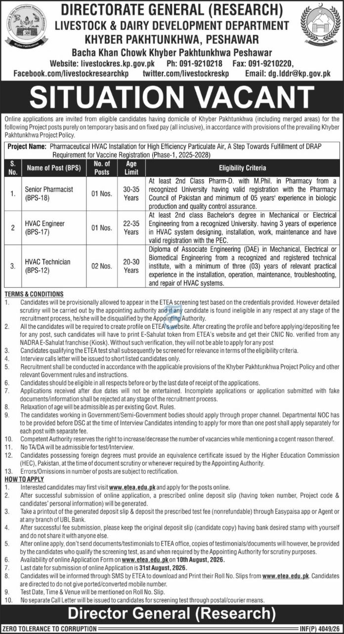 Livestock & Dairy Development Department Peshawar Jobs 2026 – Directorate General (Research), Livestock & Dairy Development Department, Khyber Pakhtunkhwa, Peshawar Jobs 2026 — original newspaper advertisement