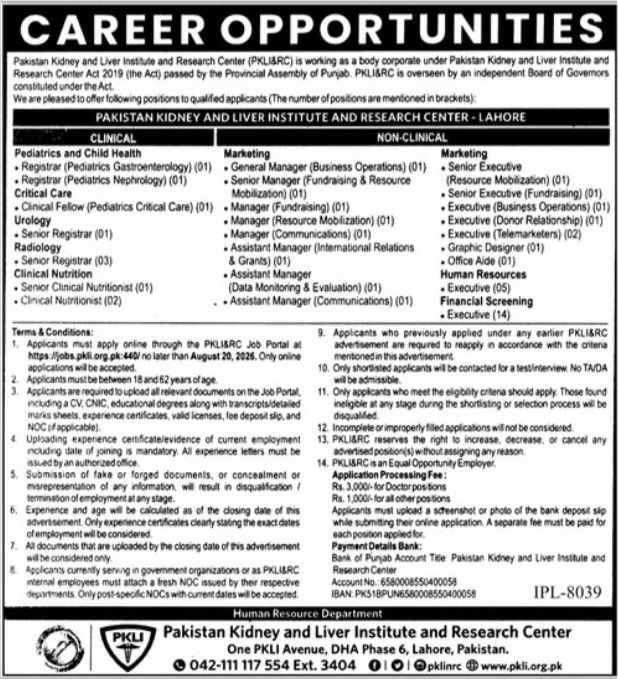 Pakistan Kidney and Liver Institute and Research Center (PKLI&RC) Jobs 2026 Jobs 2026 — original newspaper advertisement