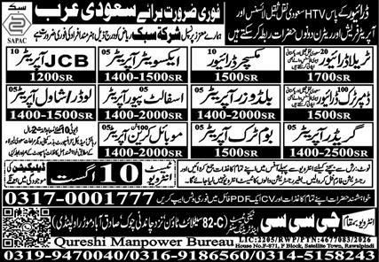 JCB Operator And Excavator Operator Jobs in Saudi Arabia – Qureshi Manpower Bureau Jobs 2026 — original newspaper advertisement