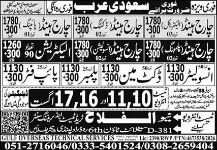 Charge Hand (Electrical) - Trade 01 Charge Hand (Ducting) - Trade 02 Saudi Arabia – Gulf Overseas Technical Services / Geo Al-Falah Trade Testing & Training Center Jobs 2026 — original newspaper advertisement