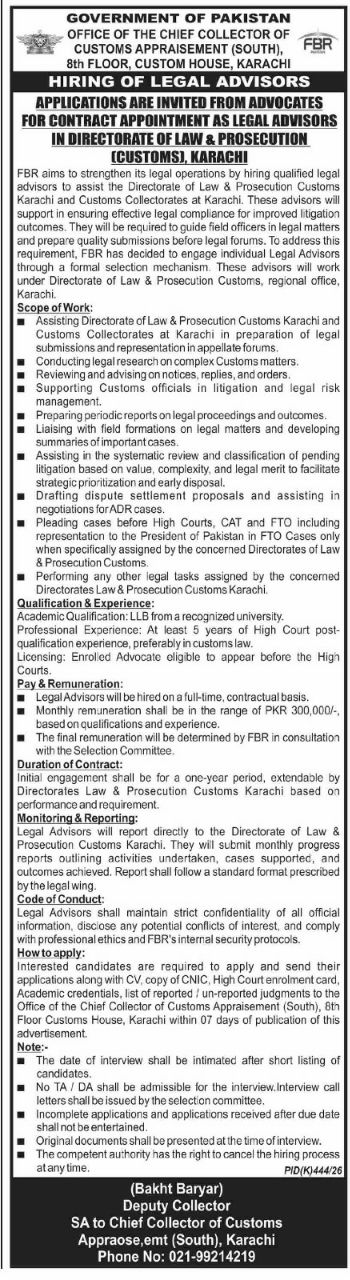 Chief Collector of Customs Appraisement (South), Directorate of Law & Prosecution Customs, Karachi Jobs 2026 – Government of Pakistan, Office of the Chief Collector of Customs Appraisement (South), Directorate of Law & Prosecution Customs, Karachi Jobs 2026 — original newspaper advertisement