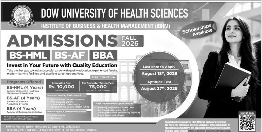 Admissions Fall 2026 - Institute of Business & Health Management (IBHM) – Dow University of Health Sciences (DUHS) Admissions 2026 — original newspaper advertisement