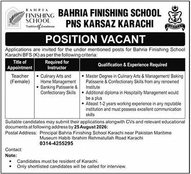 Bahria Finishing School, PNS Karsaz Karachi Jobs 2026 Jobs 2026 — original newspaper advertisement