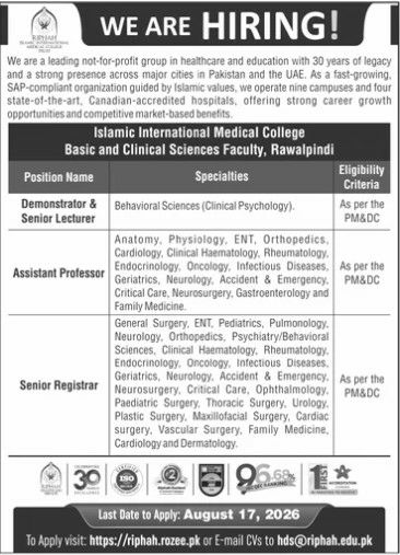 Islamic International Medical College, Basic and Clinical Sciences Faculty, Rawalpindi (Riphah International University) Jobs Jobs 2026 — original newspaper advertisement
