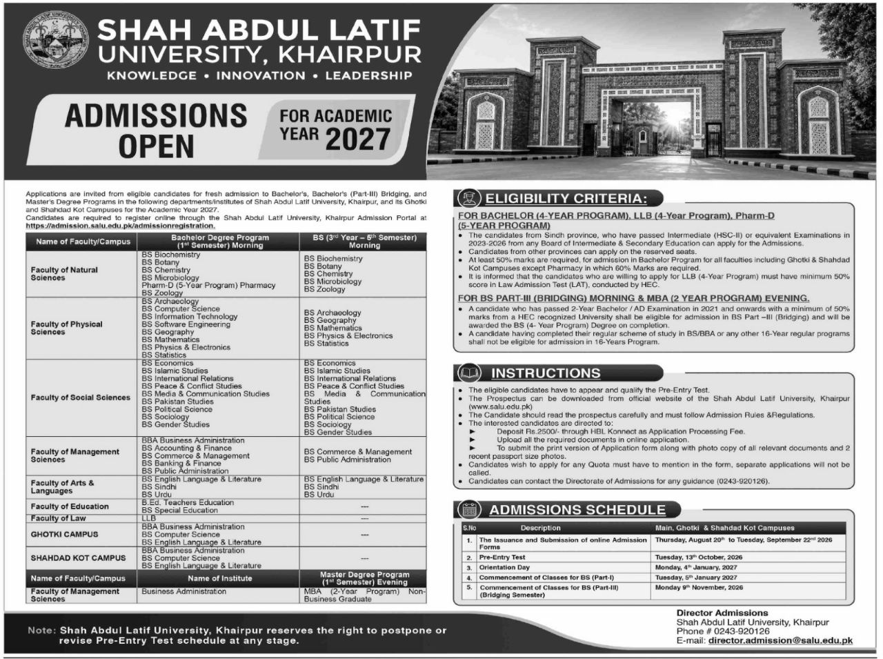 Admissions Open Shah Abdul Latif University, Khairpur for Academic Year 2027 Admissions 2026 — original newspaper advertisement