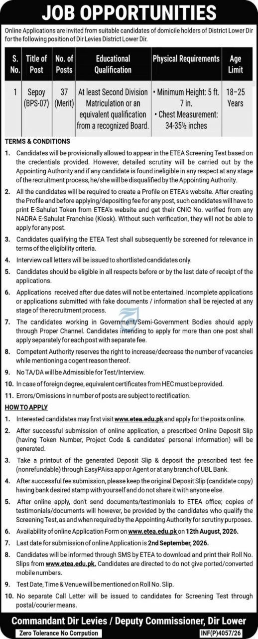 Dir Levies District Lower Dir Jobs 2026 – Commandant Dir Levies / Deputy Commissioner, Dir Lower Jobs 2026 — original newspaper advertisement