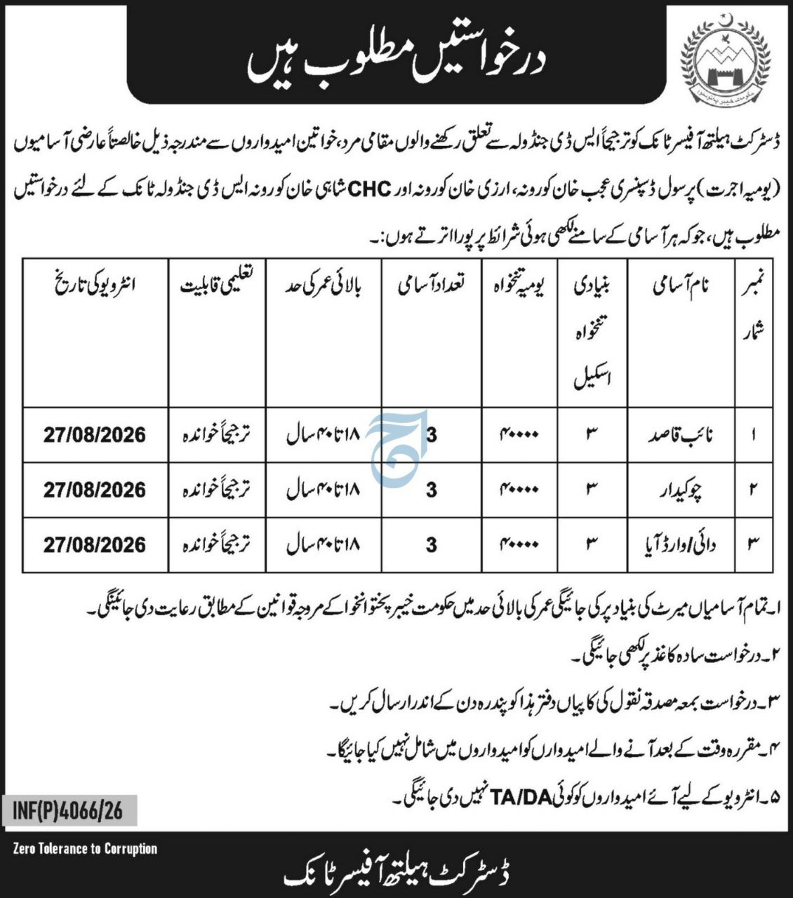 District Health Officer, Tank Jobs 2026 Jobs 2026 — original newspaper advertisement