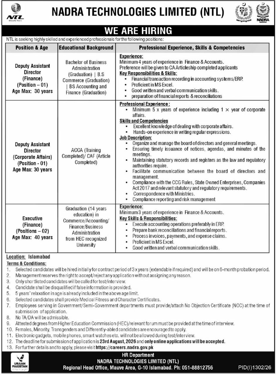 NADRA Technologies Limited (NTL) Jobs 2026 Jobs 2026 — original newspaper advertisement