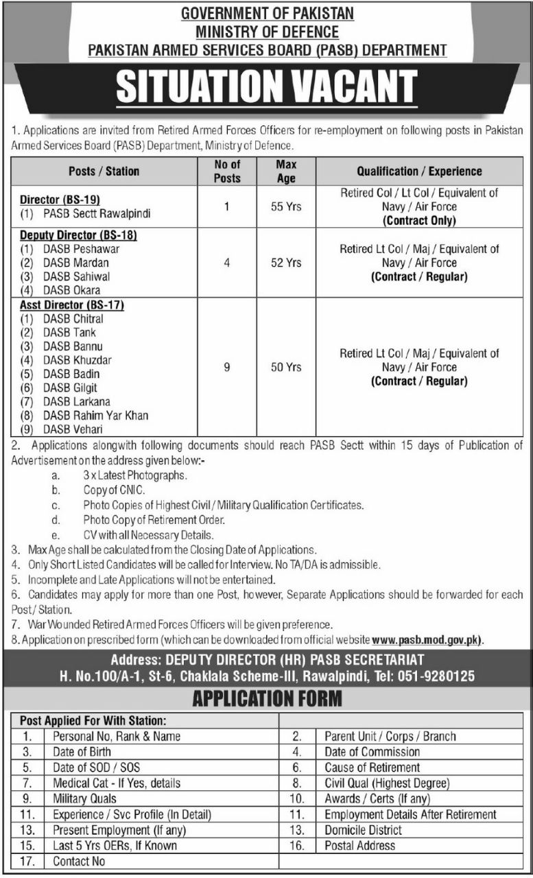 Ministry of Defence, Pakistan Armed Services Board (PASB) Department Jobs – Government of Pakistan, Ministry of Defence, Pakistan Armed Services Board (PASB) Department Jobs 2026 — original newspaper advertisement